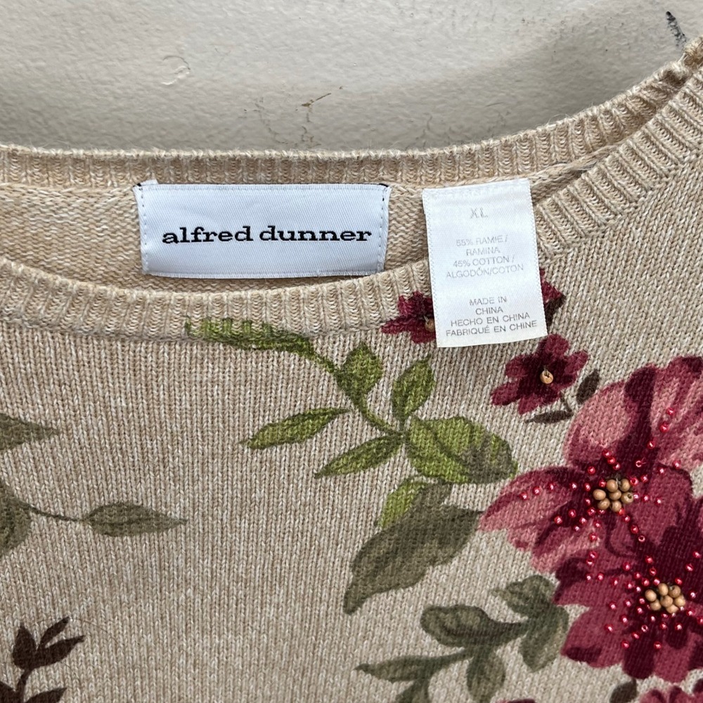 Alfred Dunner Sweater Womens XL Tan Red Floral Beaded Ramie Cotton Knit Pullover - Picture 4 of 9